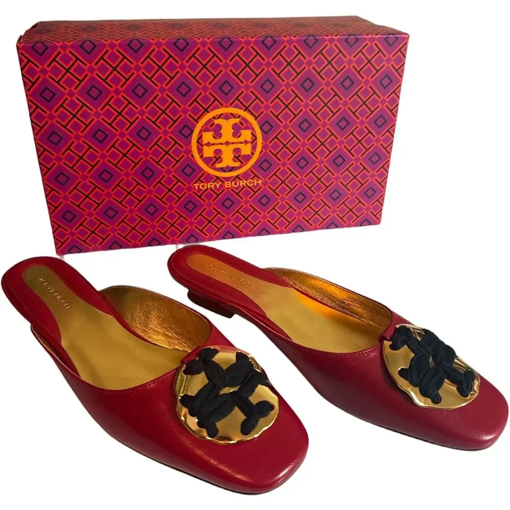 Tory Burch Woven Logo Kitten Heel Mules Red Leather Size 7.5 New With Box